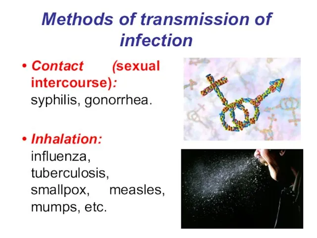 Methods of transmission of infection Contact (sexual intercourse): syphilis, gonorrhea. Inhalation: influenza,