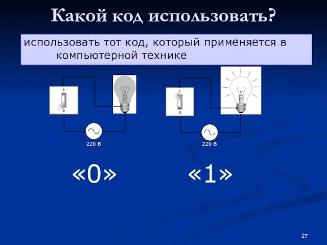 Какой код использовать? использовать тот код, который применяется в компьютерной технике «0» «1»