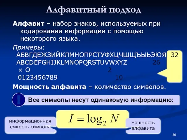 Алфавит – набор знаков, используемых при кодировании информации с помощью некоторого языка.