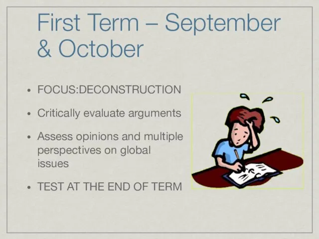 First Term – September & October FOCUS:DECONSTRUCTION Critically evaluate arguments Assess opinions