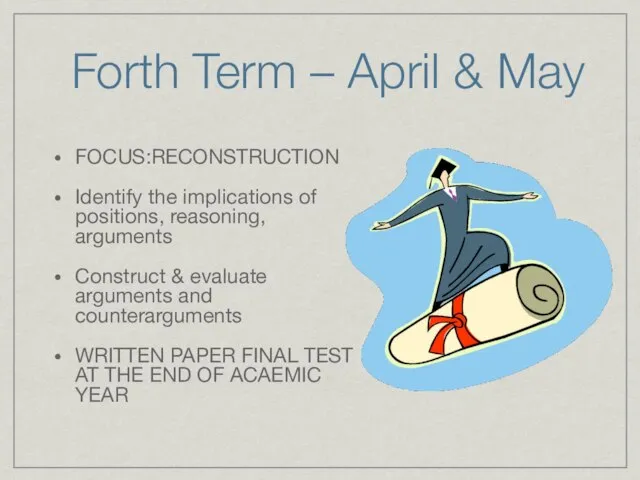 Forth Term – April & May FOCUS:RECONSTRUCTION Identify the implications of positions,