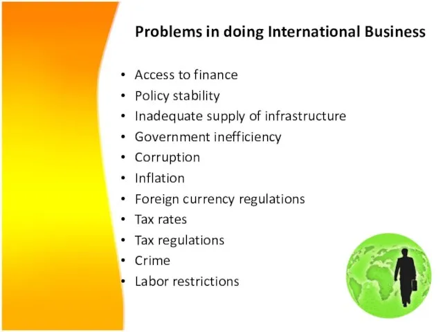 Problems in doing International Business Access to finance Policy stability Inadequate supply
