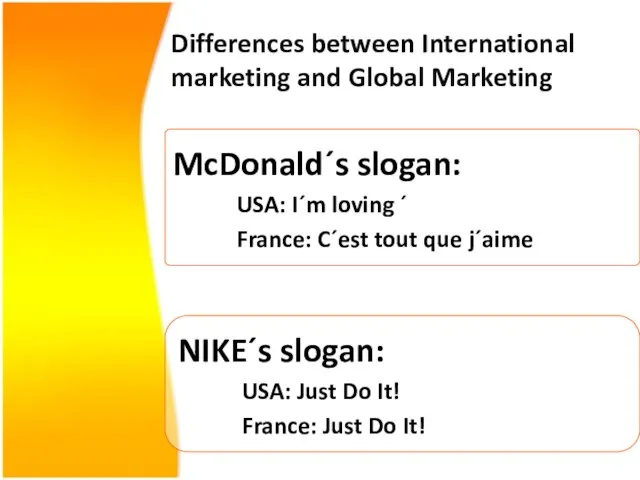 Differences between International marketing and Global Marketing McDonald´s slogan: USA: I´m loving