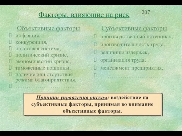 Объективные факторы инфляция, конкуренция, налоговая система, политический кризис, экономический кризис, таможенные пошлины,