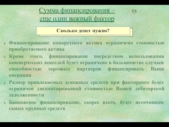 Финансирование конкретного актива ограничено стоимостью приобретаемого актива Кроме этого, финансирование посредством использования