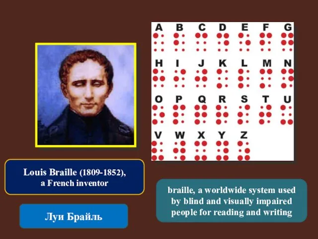 Louis Braille (1809-1852), a French inventor Луи Брайль braille, a worldwide system