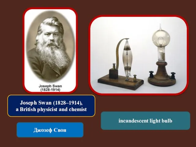 Joseph Swan (1828–1914), a British physicist and chemist Джозеф Свон incandescent light bulb