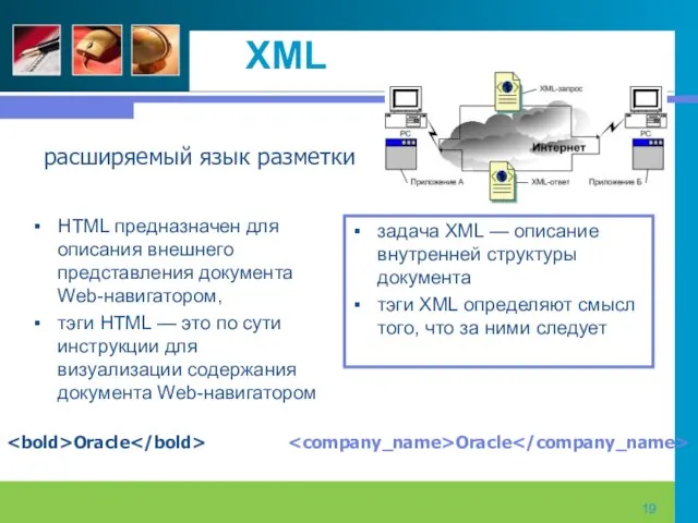 XML HTML предназначен для описания внешнего представления документа Web-навигатором, тэги HTML —