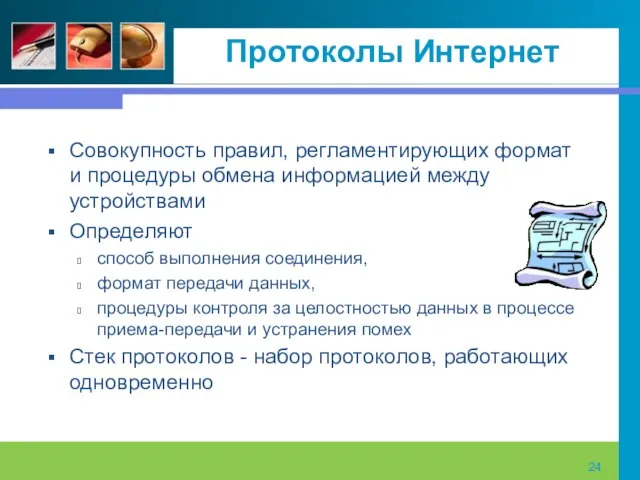 Протоколы Интернет Совокупность правил, регламентирующих формат и процедуры обмена информацией между устройствами