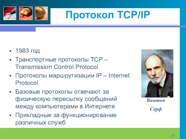 Протокол TCP/IP 1983 год Транспортные протоколы TCP – Transmission Control Protocol Протоколы