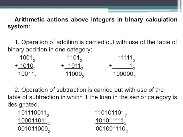 Arithmetic actions above integers in binary calculation system: 1. Operation of addition