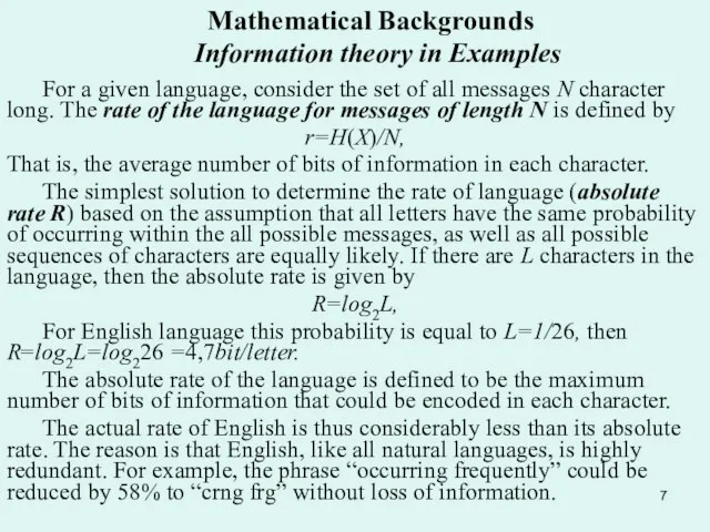 Mathematical Backgrounds Information theory in Examples For a given language, consider the