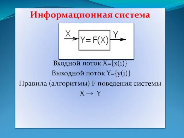 Информационная система Входной поток X={x(i)} Выходной поток Y={y(i)} Правила (алгоритмы) F поведения системы X → Y