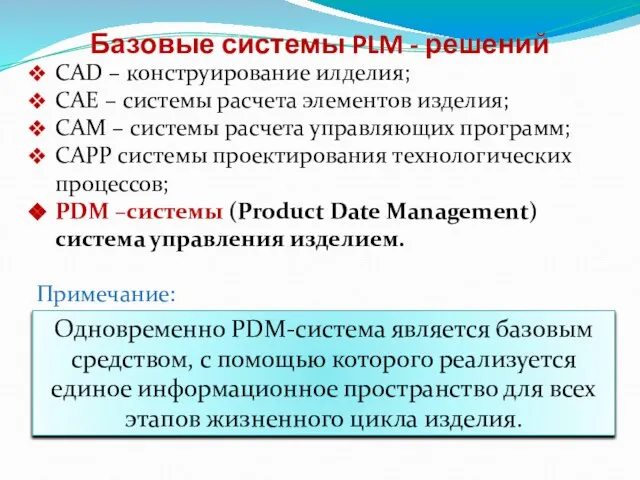 CAD – конструирование илделия; CAE – системы расчета элементов изделия; CAM –