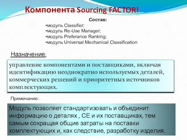 Компонента Sourcing FACTOR! Состав: модуль Classifier; модуль Re-Use Manager; модуль Preferance Ranking;