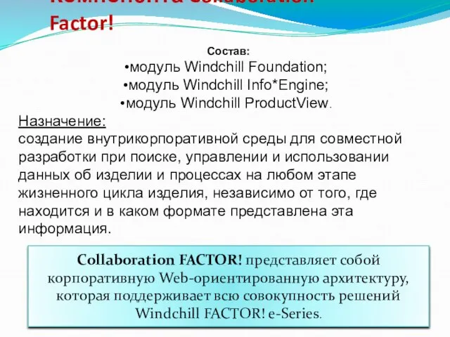 Компонента Collaboration Factor! Состав: модуль Windchill Foundation; модуль Windchill Info*Engine; модуль Windchill