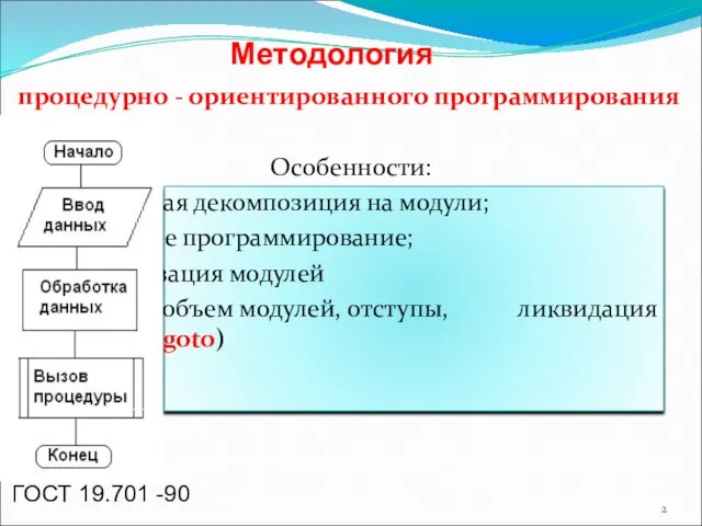 процедурно - ориентированного программирования Особенности: процедурная декомпозиция на модули; нисходящее программирование; структуризация