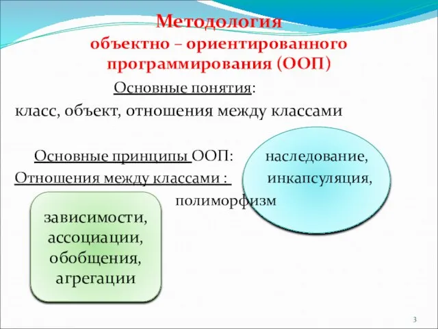 Основные понятия: класс, объект, отношения между классами Основные принципы ООП: наследование, Отношения