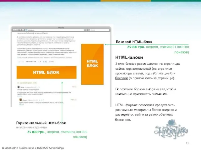 © 2008-2012 Сейлз-хаус «TAKiTAK! Advertising» HTML-Блоки 2 типа блоков размещаются на страницах