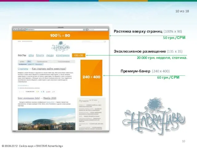 © 2008-2012 Сейлз-хаус «TAKiTAK! Advertising» Растяжка вверху страниц (100% х 90) 50