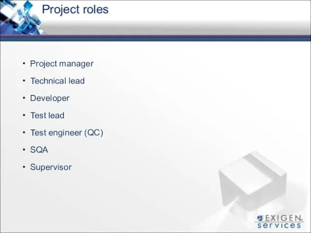 Project roles Project manager Technical lead Developer Test lead Test engineer (QC) SQA Supervisor