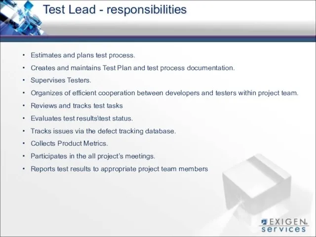 Estimates and plans test process. Creates and maintains Test Plan and test