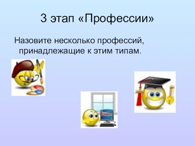 3 этап «Профессии» Назовите несколько профессий, принадлежащие к этим типам.