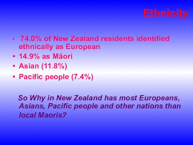 Ethnicity 74.0% of New Zealand residents identified ethnically as European 14.9% as