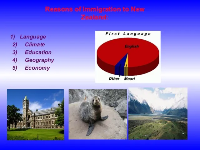 Reasons of Immigration to New Zealand: Language 2) Climate 3) Education 4) Geography 5) Economy