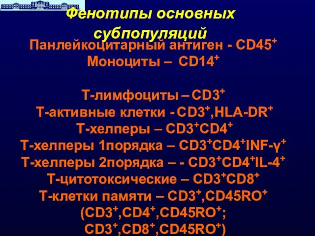 Панлейкоцитарный антиген - CD45+ Моноциты – CD14+ Т-лимфоциты – CD3+ Т-активные клетки