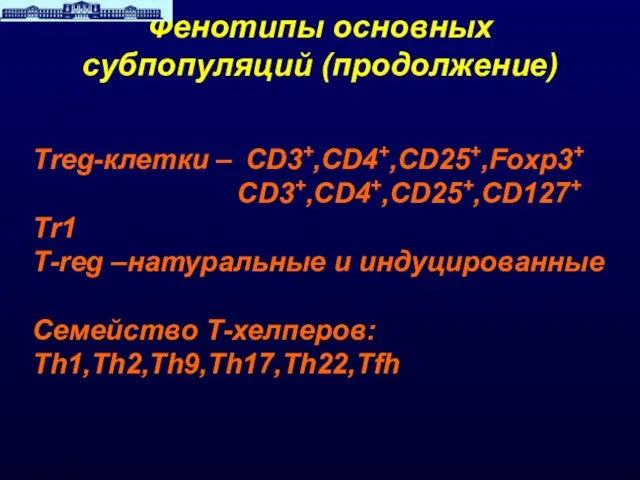 Фенотипы основных субпопуляций (продолжение) Тreg-клетки – CD3+,CD4+,CD25+,Foxp3+ CD3+,CD4+,CD25+,CD127+ Тr1 Т-reg –натуральные и индуцированные Семейство Т-хелперов: Тh1,Th2,Th9,Th17,Th22,Tfh