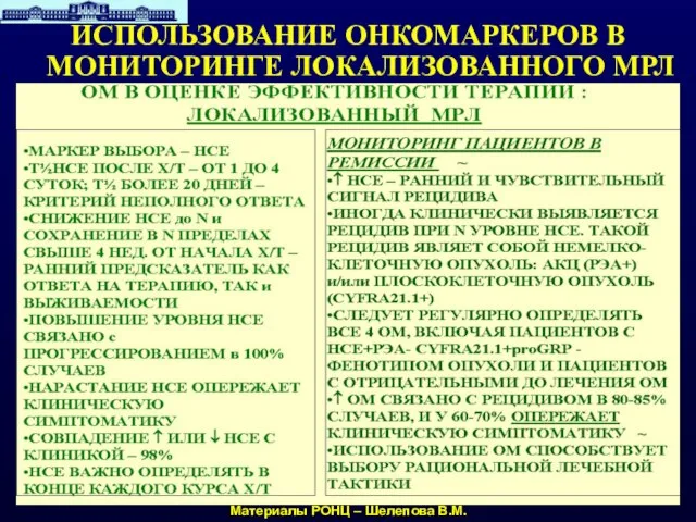 ИСПОЛЬЗОВАНИЕ ОНКОМАРКЕРОВ В МОНИТОРИНГЕ ЛОКАЛИЗОВАННОГО МРЛ Материалы РОНЦ – Шелепова В.М.