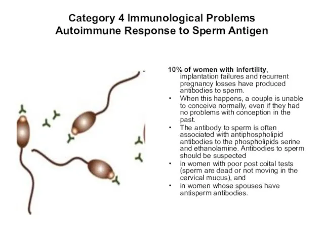 Category 4 Immunological Problems Autoimmune Response to Sperm Antigen 10% of women