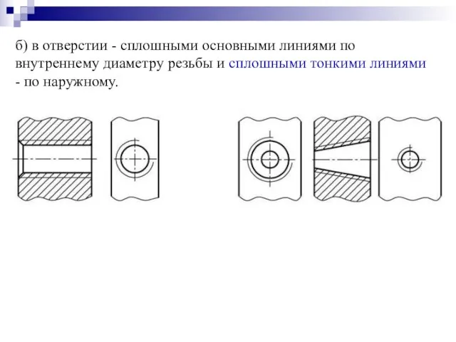 б) в отверстии - сплошными основными линиями по внутреннему диаметру резьбы и