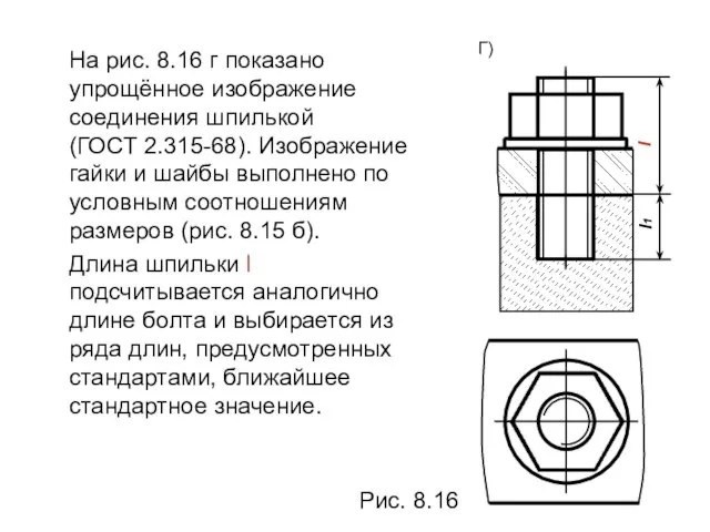 l l1 На рис. 8.16 г показано упрощённое изображение соединения шпилькой (ГОСТ