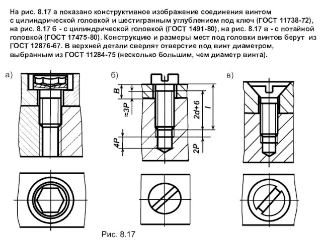 На рис. 8.17 а показано конструктивное изображение соединения винтом с цилиндрической головкой