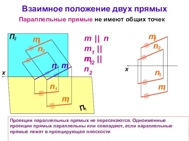 Взаимное положение двух прямых Параллельные прямые не имеют общих точек Проекции параллельных