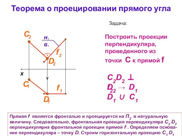 Теорема о проецировании прямого угла Задача: Построить проекции перпендикуляра, проведенного из точки