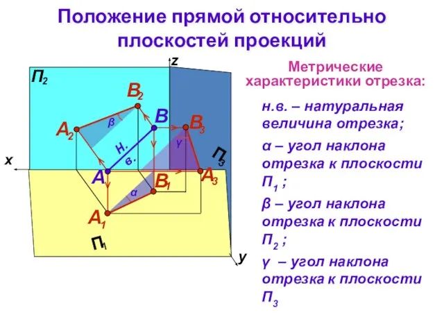 Метрические характеристики отрезка: н.в. – натуральная величина отрезка; α – угол наклона