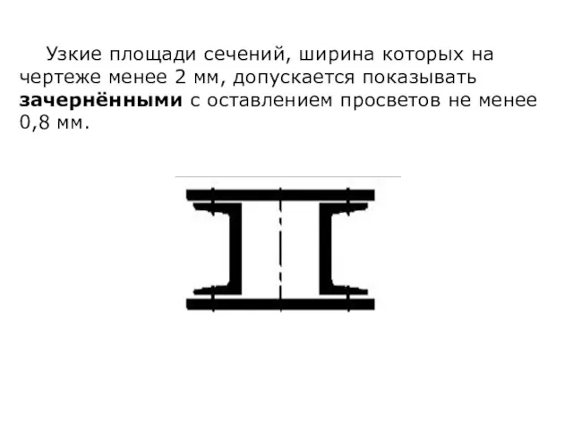 Узкие площади сечений, ширина которых на чертеже менее 2 мм, допускается показывать