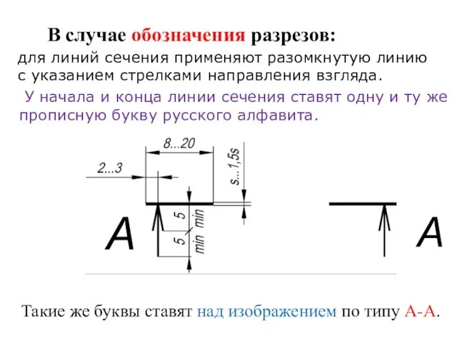 для линий сечения применяют разомкнутую линию с указанием стрелками направления взгляда. У