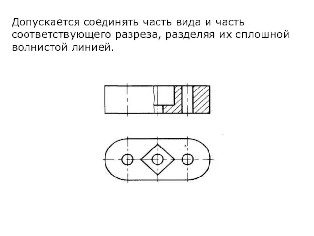 Допускается соединять часть вида и часть соответствующего разреза, разделяя их сплошной волнистой линией.