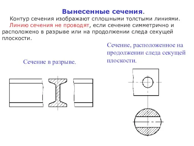 Вынесенные сечения. Контур сечения изображают сплошными толстыми линиями. Линию сечения не проводят,