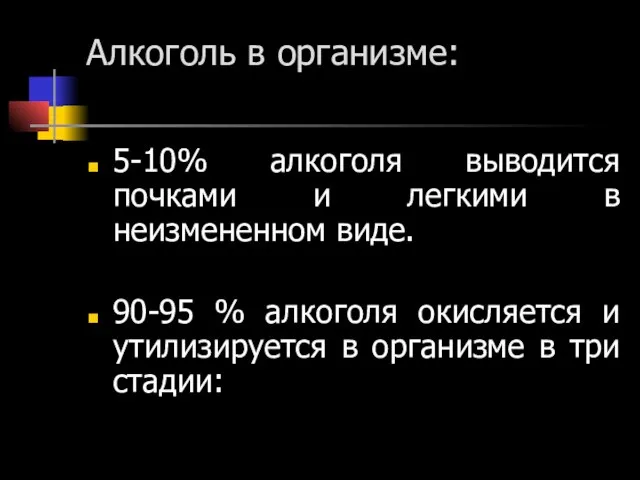 Алкоголь в организме: 5-10% алкоголя выводится почками и легкими в неизмененном виде.