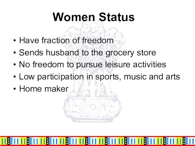 Women Status Have fraction of freedom Sends husband to the grocery store