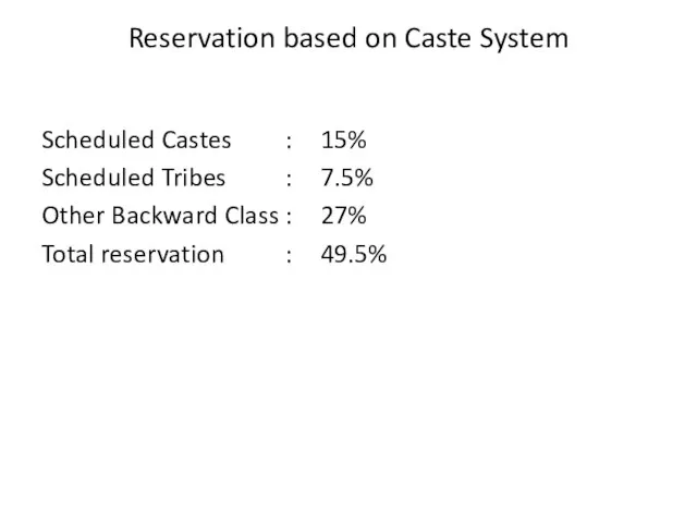 Reservation based on Caste System Scheduled Castes : 15% Scheduled Tribes :