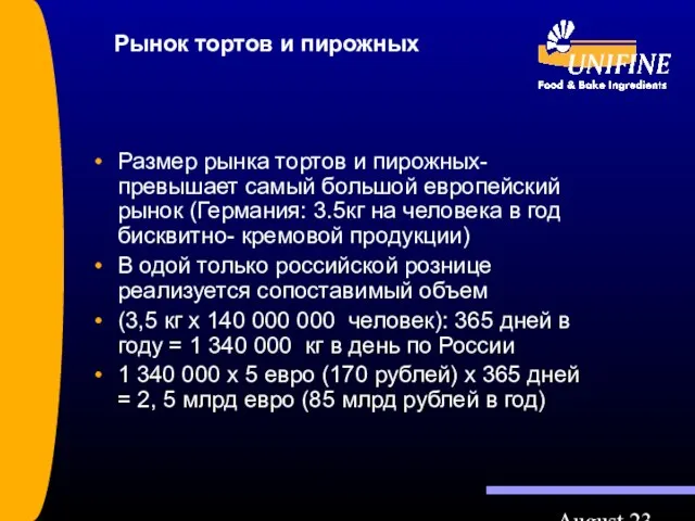 August 23 Рынок тортов и пирожных Размер рынка тортов и пирожных- превышает