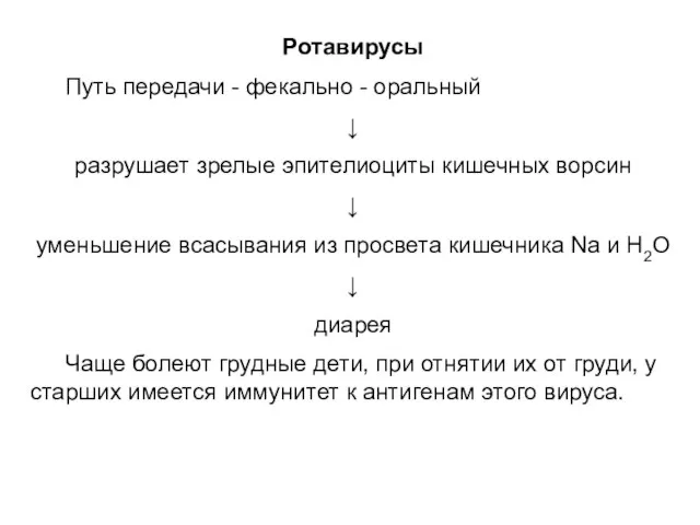 Ротавирусы Путь передачи - фекально - оральный ↓ разрушает зрелые эпителиоциты кишечных