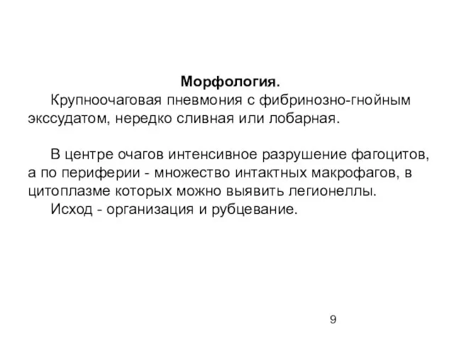 Морфология. Крупноочаговая пневмония с фибринозно-гнойным экссудатом, нередко сливная или лобарная. В центре