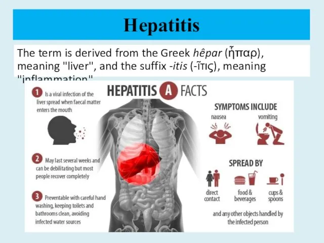 Hepatitis The term is derived from the Greek hêpar (ἧπαρ), meaning "liver",